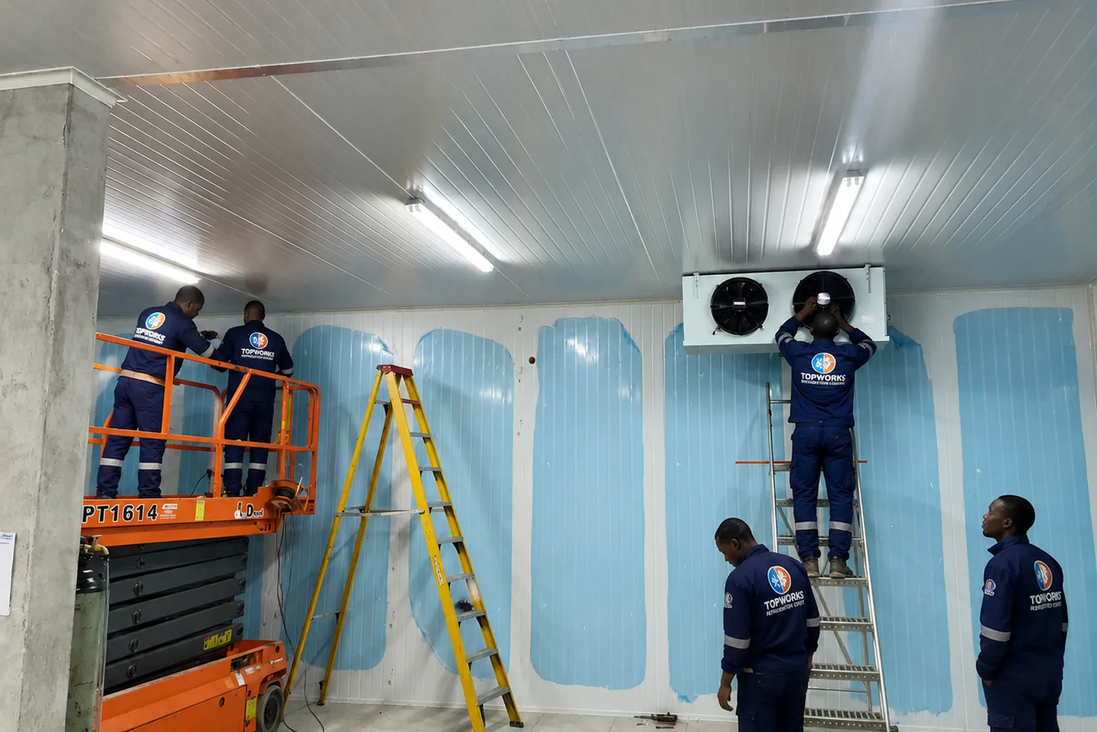 Refrigeration installation team working inside a commercial cold room