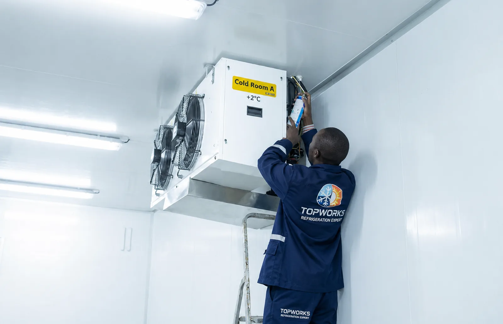 Topworks refrigeration technician servicing a commercial cold-room evaporator